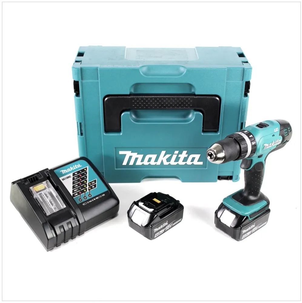 Akumulatorowa wiertarko-wkrętarka udarowa Makita DHP 453 RMJ 18V 42Nm w zestawie Makpac z akumulatorem 2x 4,0 Ah i ładowarką