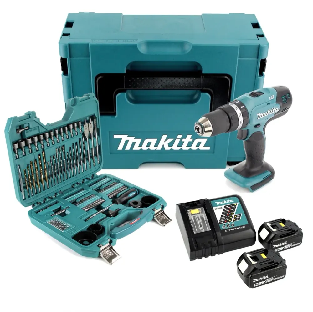 Akumulatorowa wiertarko-wkrętarka udarowa Makita DHP 453 RTJ 18 V 42 Nm + 2x akumulator 5,0 Ah + ładowarka + 101-elementow...