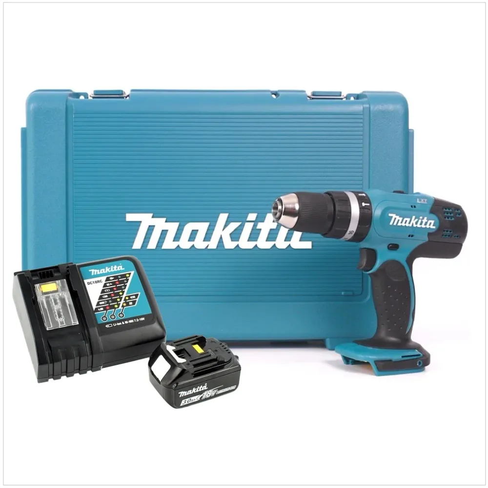Akumulatorowa wiertarko-wkrętarka udarowa Makita DHP 453 RF 18V 42Nm w walizce + akumulator 3,0 Ah + ładowarka