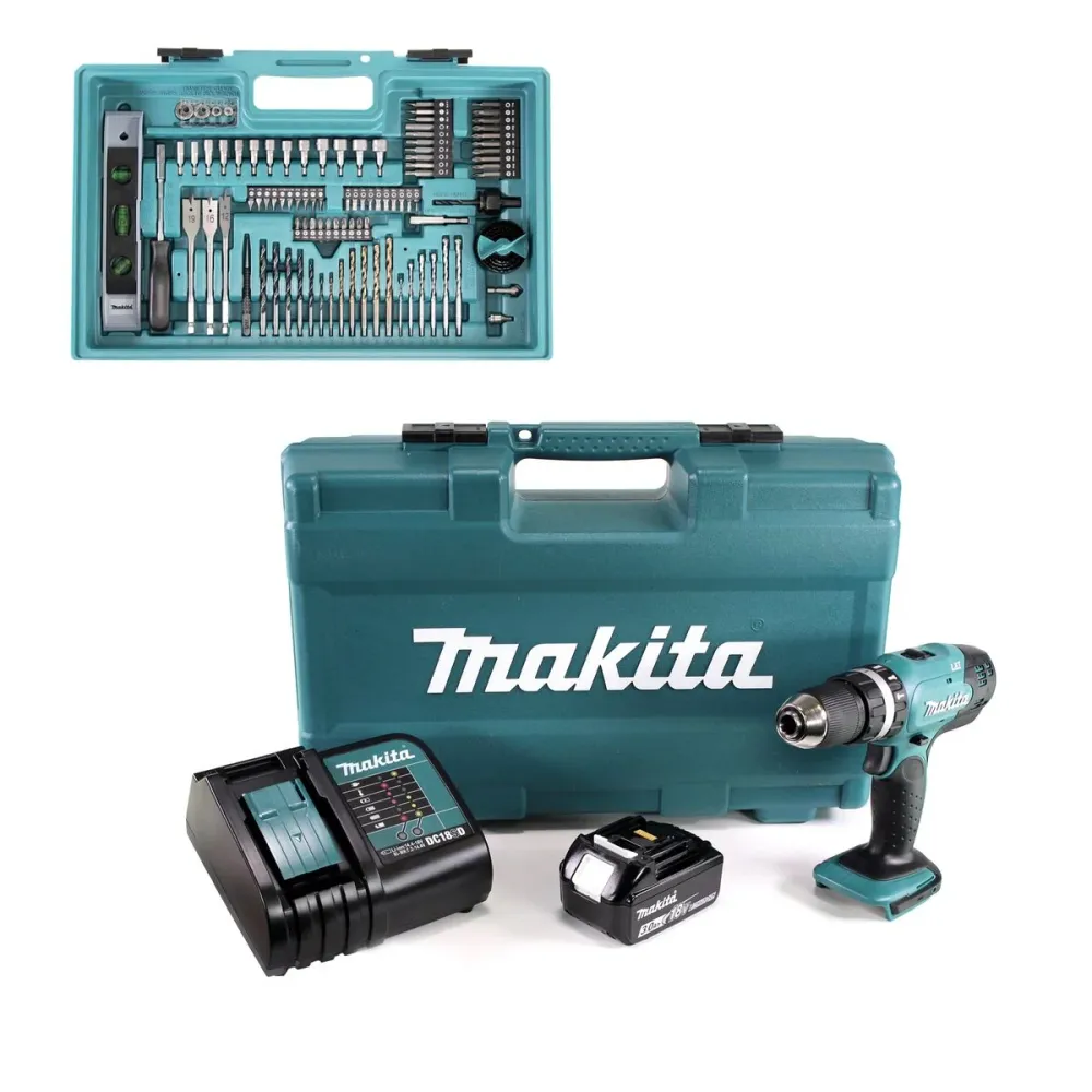 Akumulatorowa wiertarko-wkrętarka udarowa Makita DHP 453 FX12 18V 42Nm + 1x 3.0Ah + ładowarka + 101-częściowy zestaw akces...