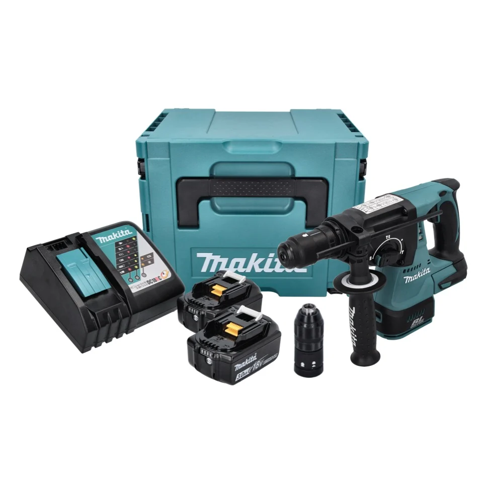 Akumulatorowa wiertarko-wkrętarka udarowa Makita DHR 243 RFJ 18 V 2,0 J SDS plus Brushless + 2x akumulator 3,0 Ah + ładowa...