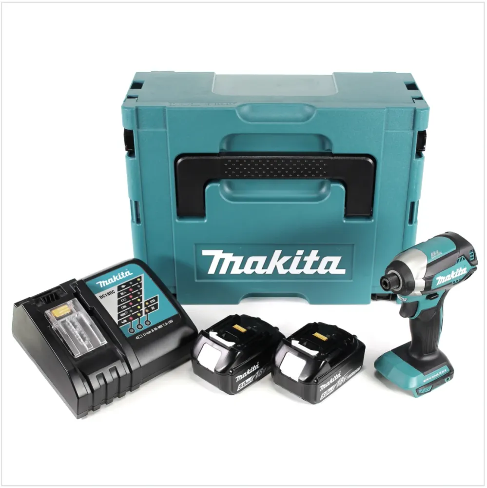 Akumulatorowy bezszczotkowy klucz udarowy Makita DTD 153 RTJ 18 V w zestawie Makpac + 2x akumulator litowo-jonowy BL 1850...