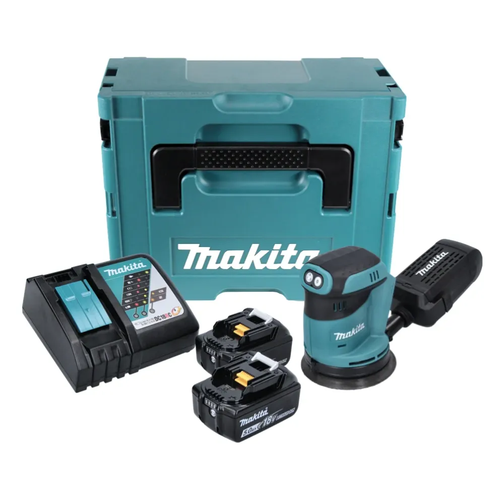Makita DBO 180 RTJ akumulatorowa szlifierka mimośrodowa 18 V 125 mm + 2x akumulator 5,0 Ah + ładowarka + Makpac