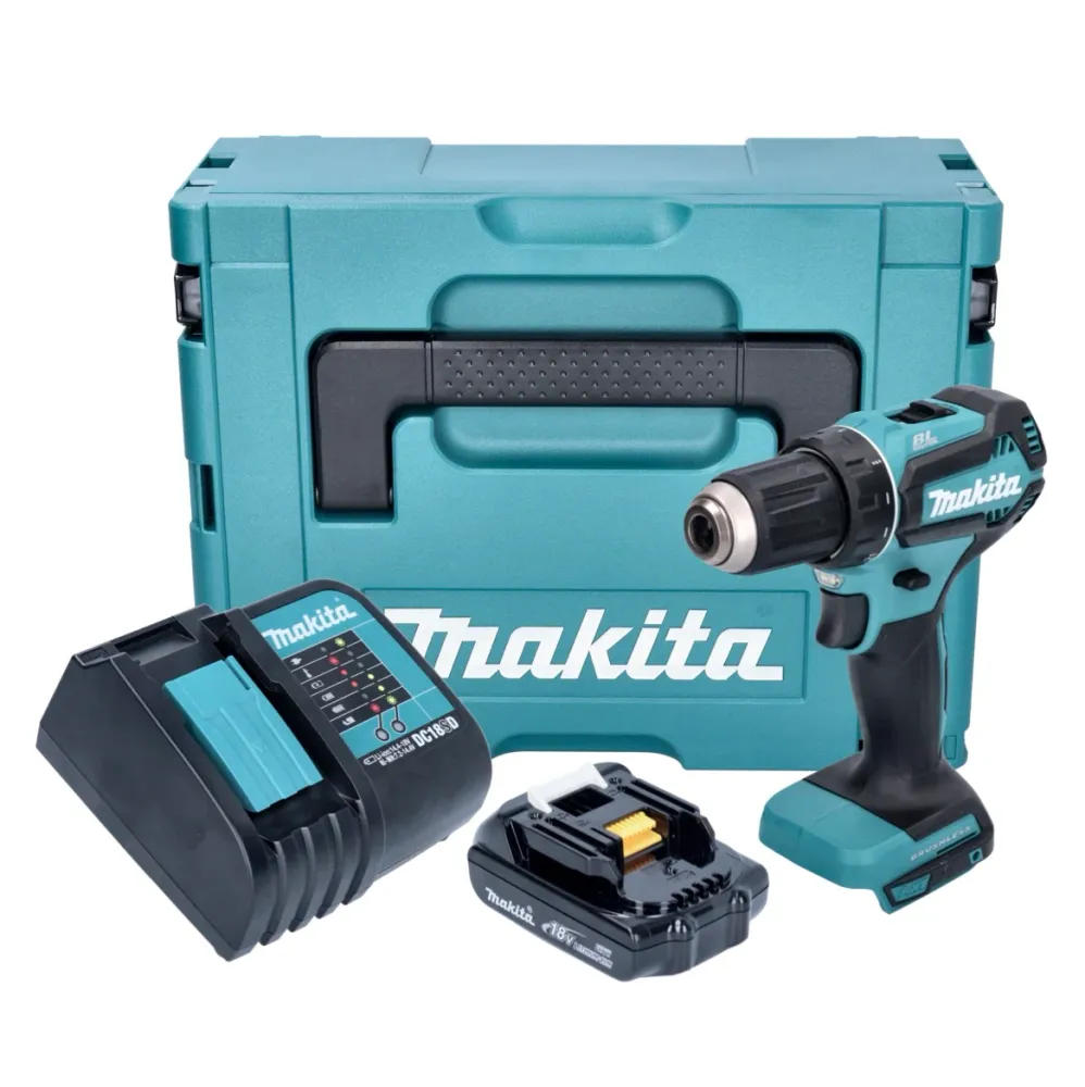 Makita DDF 485 SY1J akumulatorowa wiertarko-wkrętarka 18 V 50 Nm bezszczotkowa + 1x akumulator 1,5 Ah + ładowarka + Makpac