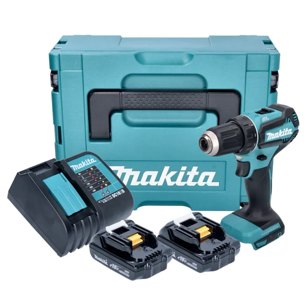 Makita DDF 485 SYJ akumulatorowa wiertarko-wkrętarka 18 V 50 Nm bezszczotkowa + 2x akumulator 1,5 Ah + ładowarka + Makpac