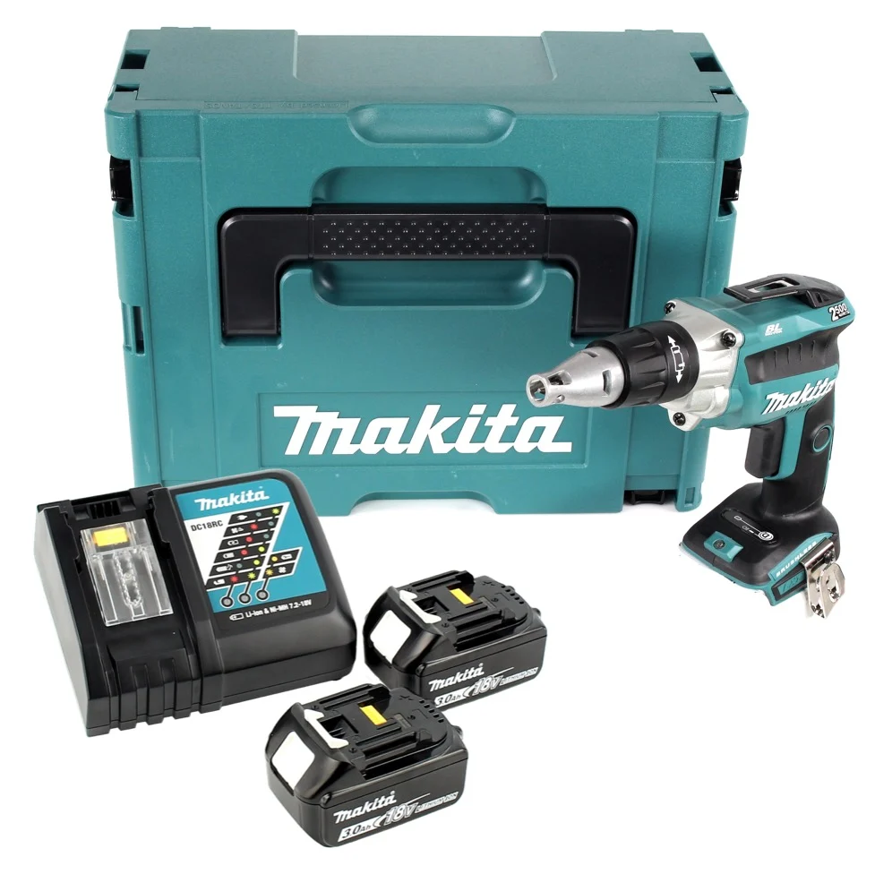Makita DFS 250 RFJ akumulatorowa wkrętarka do suchej zabudowy 18 V bezszczotkowa + 2x akumulator 3,0 Ah + ładowarka + Makpac