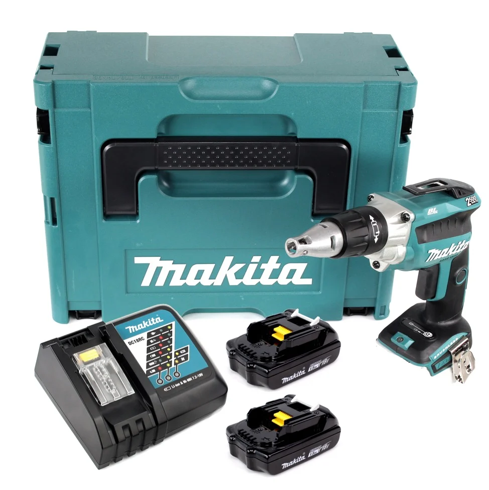 Makita DFS 250 RYJ akumulatorowa wkrętarka do suchej zabudowy 18 V bezszczotkowa + 2x akumulator 1,5 Ah + ładowarka + Makpac