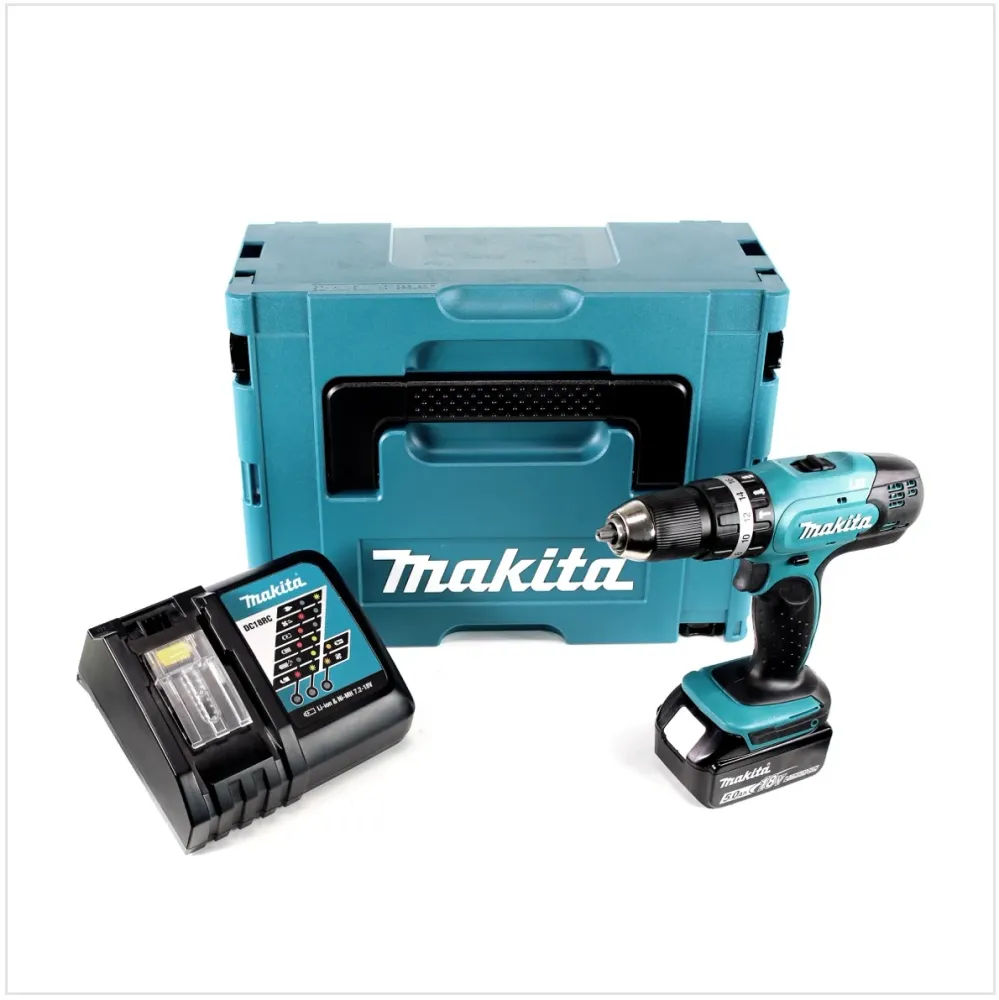 Makita DHP 453 RT1J akumulatorowa wiertarko-wkrętarka udarowa 18V 42Nm + 1x akumulator 5,0Ah + ładowarka w zestawie Makpac 2