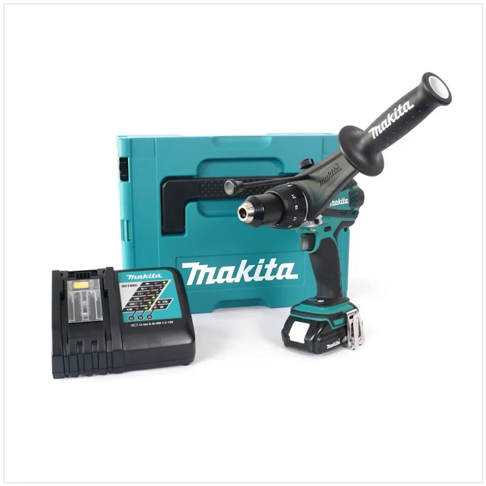 Makita DHP 458 RA1J akumulatorowa wiertarko-wkrętarka udarowa 18 V 91 Nm + 1x akumulator 2,0 Ah + ładowarka + Makpac
