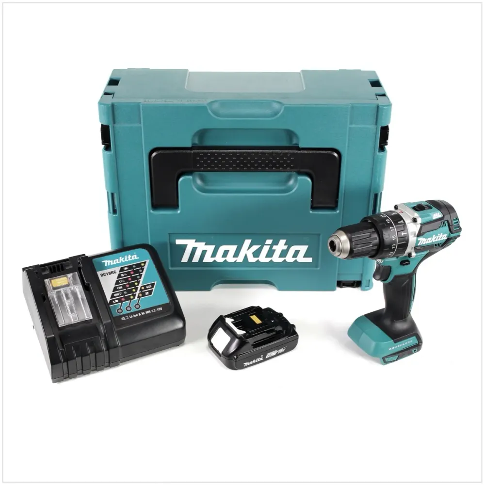 Makita DHP 484 RA1J akumulatorowa wiertarko-wkrętarka udarowa 18 V 54 Nm bezszczotkowa + 1x akumulator 2,0 Ah + ładowarka...