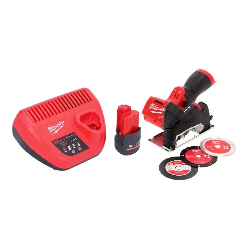 Milwaukee M12 FCOT-251 przecinarka do wielu materiałów 12 V 76 mm bezszczotkowa + 1x akumulator 2,5 Ah + ładowarka