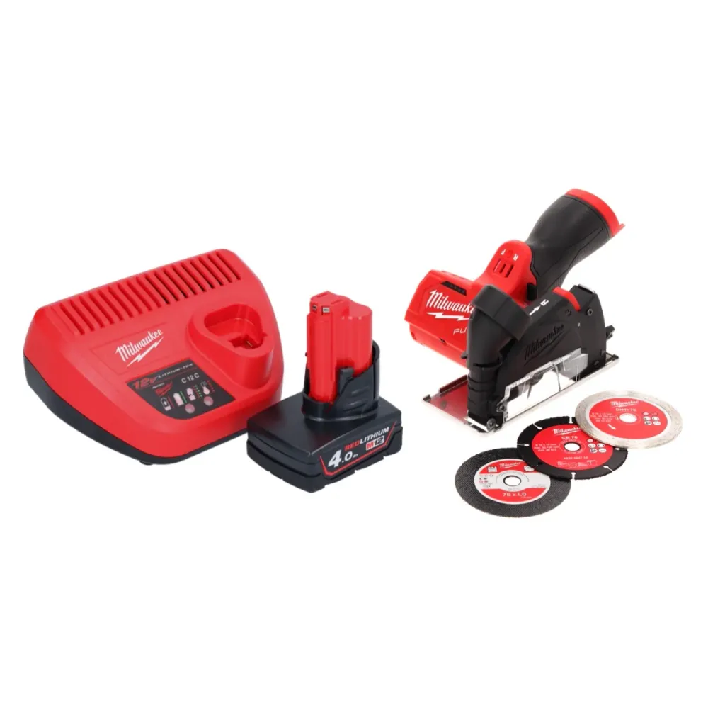 Milwaukee M12 FCOT-401 przecinarka do wielu materiałów 12 V 76 mm bezszczotkowa + 1x akumulator 4,0 Ah + ładowarka