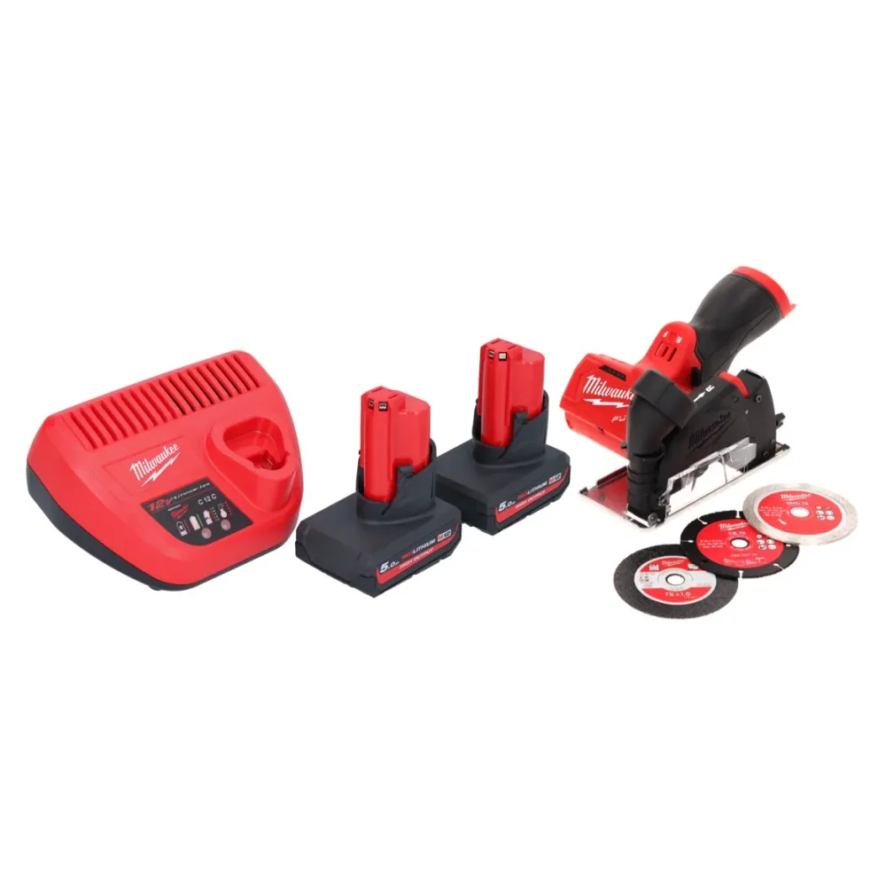 Milwaukee M12 FCOT-502 przecinarka do wielu materiałów 12 V 76 mm bezszczotkowa + 2x akumulator 5,0 Ah + ładowarka