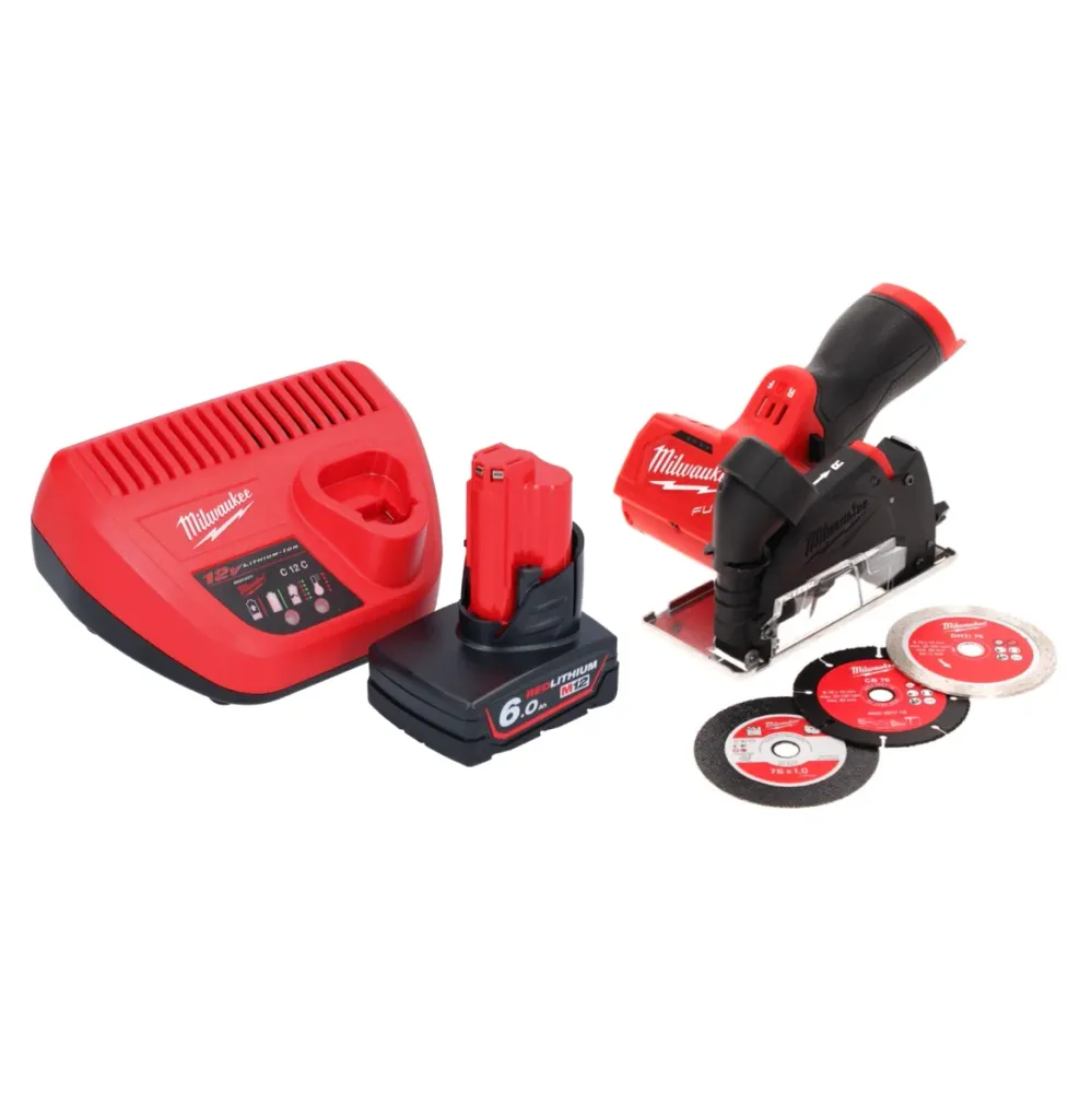 Milwaukee M12 FCOT-601 przecinarka do wielu materiałów 12 V 76 mm bezszczotkowa + 1x akumulator 6,0 Ah + ładowarka