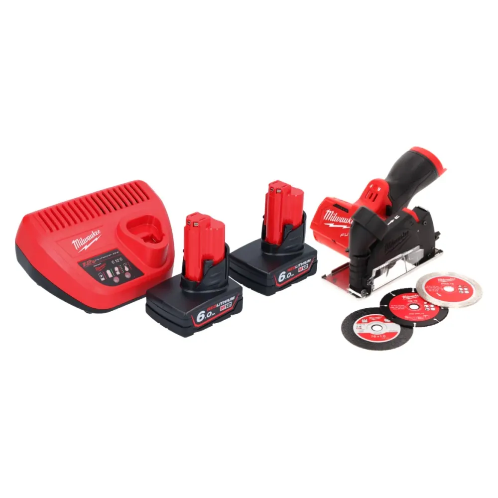 Milwaukee M12 FCOT-602 przecinarka do wielu materiałów 12 V 76 mm bezszczotkowa + 2x akumulator 6,0 Ah + ładowarka