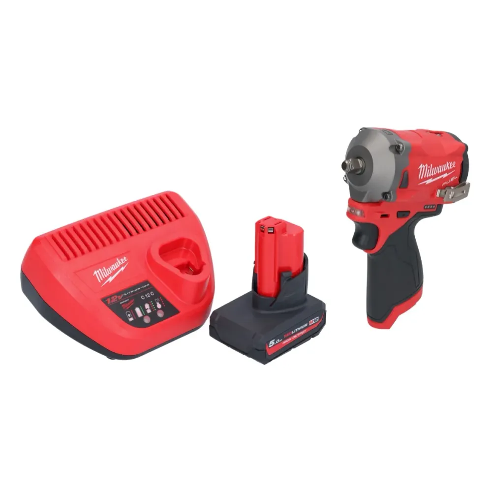 Milwaukee M12 FIW38-501 akumulatorowy klucz udarowy 12 V 339 Nm 3/8" bezszczotkowy + 1x akumulator 5,0 Ah + ładowarka