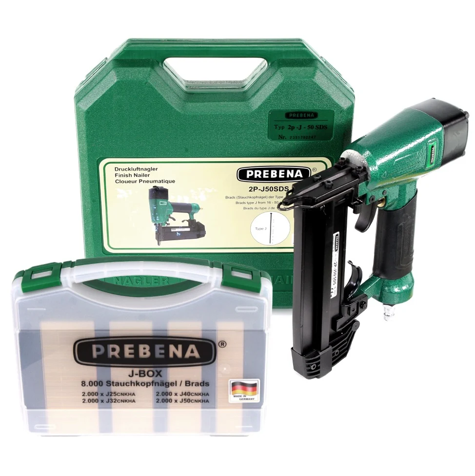 Gwoździarka pneumatyczna Prebena 2P-J50SDS 5-7 bar w walizce transportowej + Prebena J-BOX 8 000 gwoździ sztyftowych