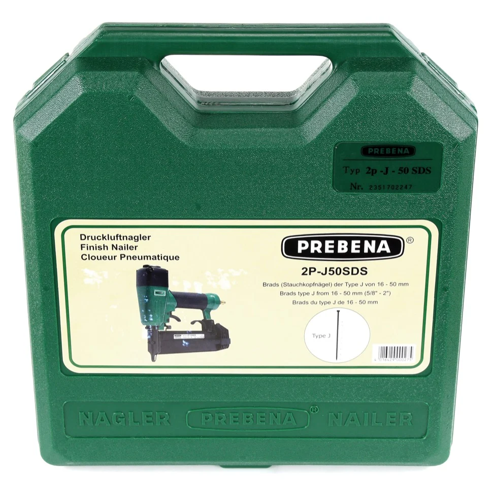 Gwoździarka pneumatyczna Prebena 2P-J50SDS 5-7 bar w walizce transportowej + Prebena J-BOX 8 000 gwoździ sztyftowych