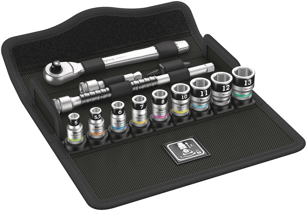 Zestaw kluczy nasadowych i przedłużek + grzechotka pokrętło Zyklop 1/4" w etui 8100 SA 12 HF | 05003756001