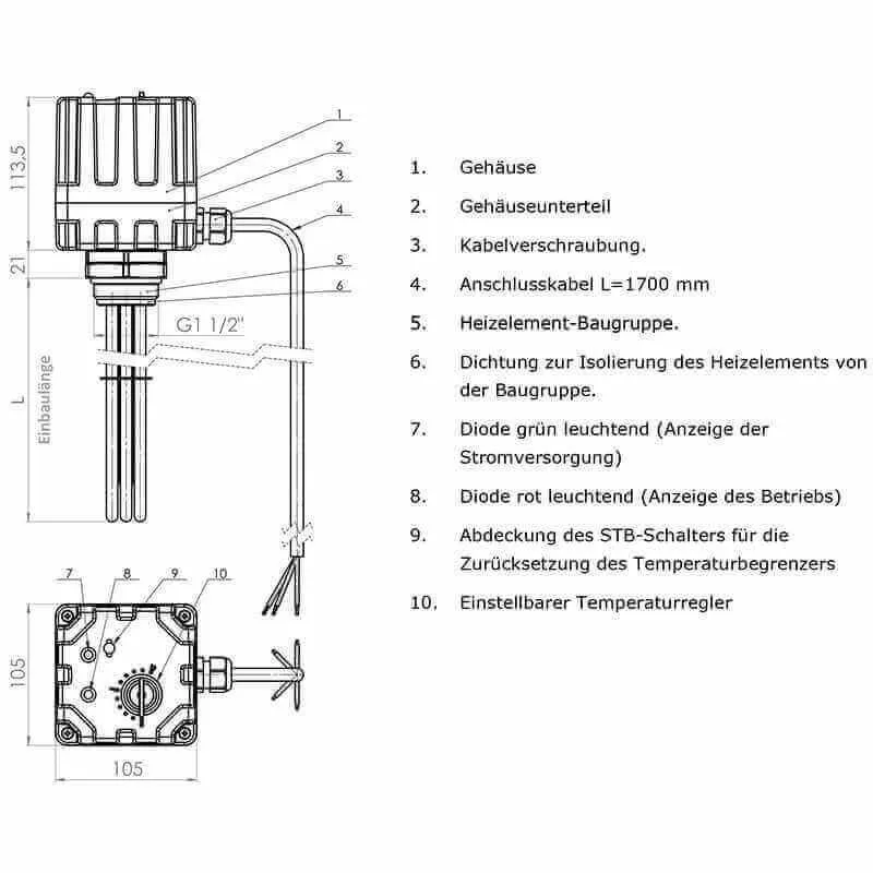 Grzałka elektryczna z regulatorem i termostatem 6,0 kW