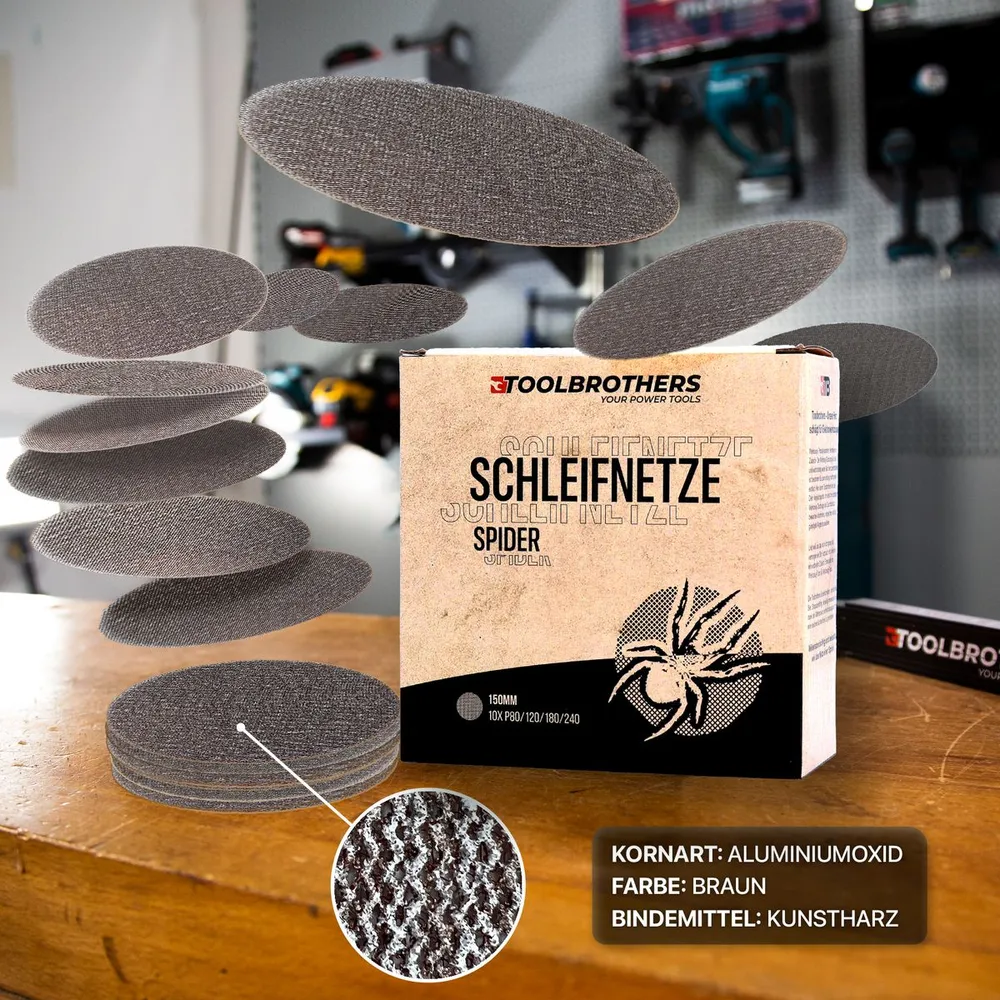 Zestaw szlifierski Toolbrothers SPIDER siatka 150 mm 4 opakowania 160x siatka ścierna rzep 40x P80 / P120 / P180 / 240 każ...