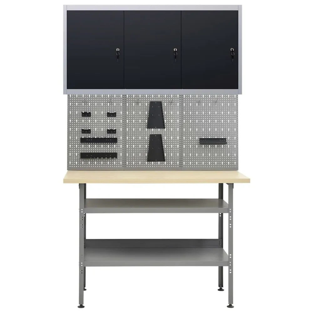 Werkbank met drie wandpanelen en een kast