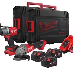 Zestaw Milwaukee: wiertarko-wkrętarka udarowa M18 FPD2, szlifierka kątowa FSAG125X, 18V, czerwony
