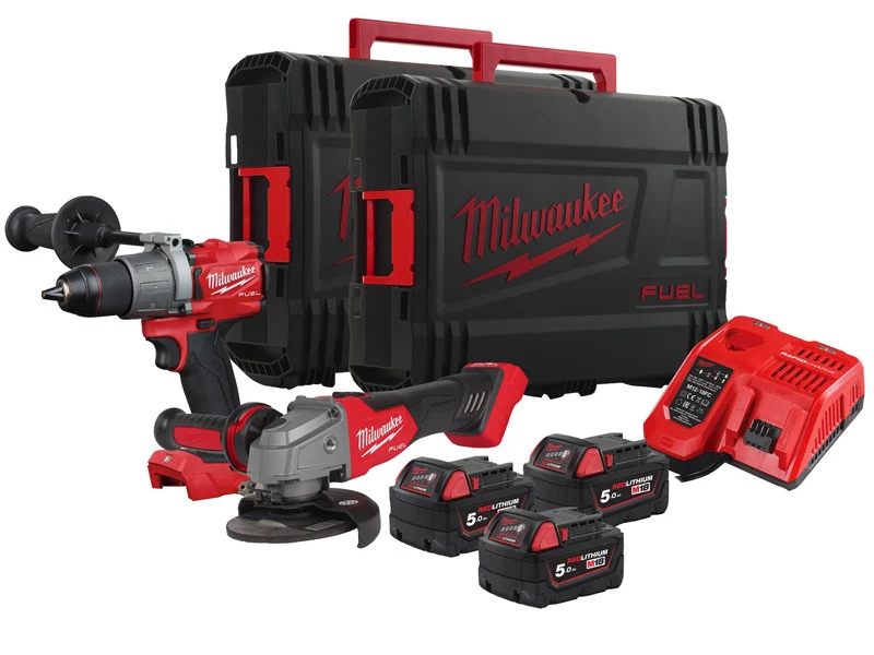 Zestaw Milwaukee: wiertarko-wkrętarka udarowa M18 FPD2, szlifierka kątowa FSAG125X, 18V, czerwony