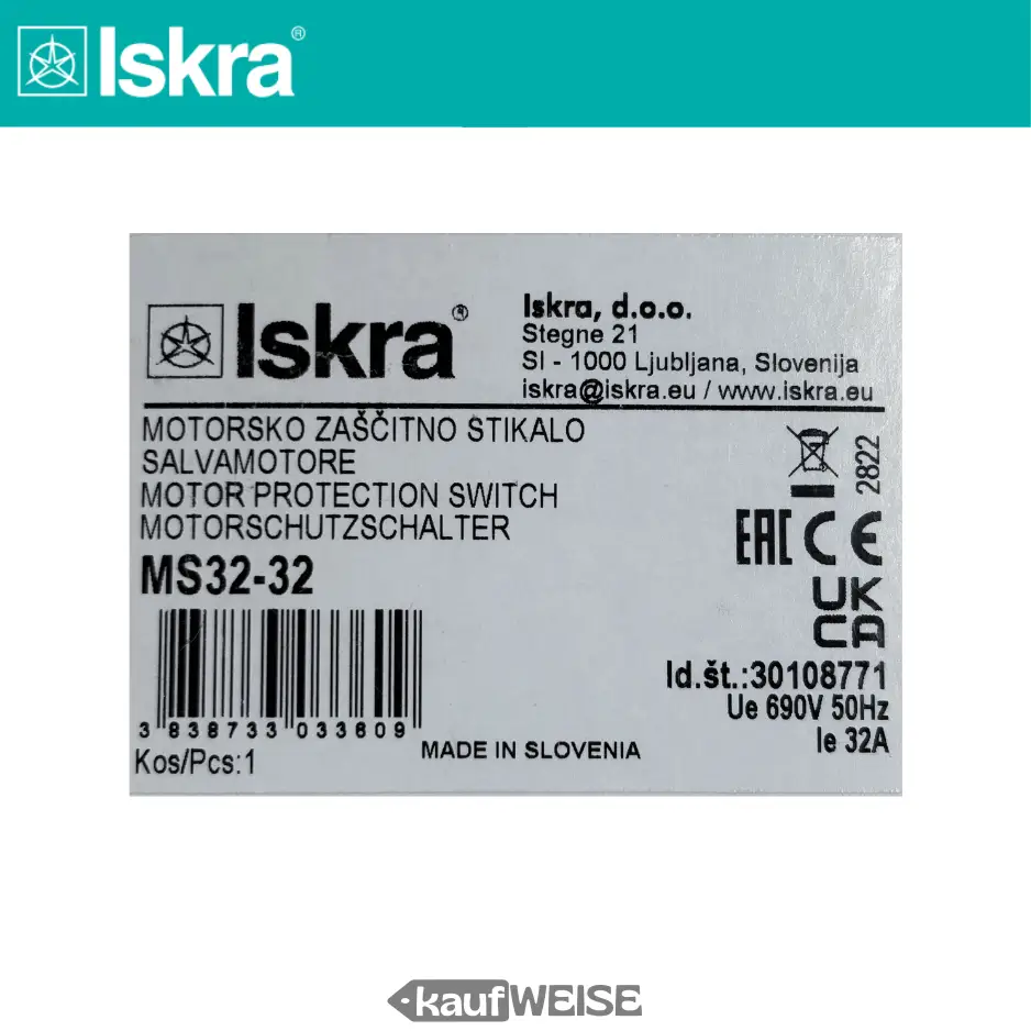 Wyłącznik silnikowy Iskra MS32-32 (3-biegunowy) | Zakres nastaw 25-32A | Zdolność wyłączania 16kA