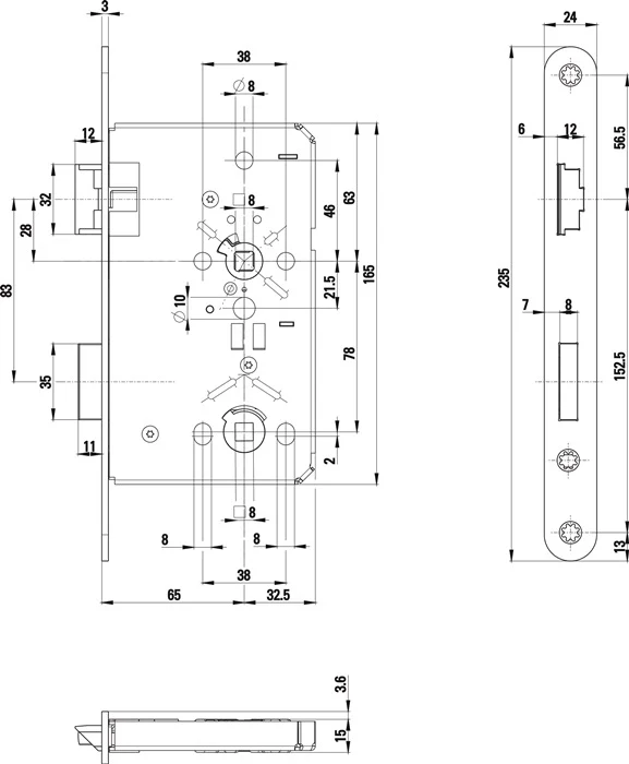 Zamek wpuszczany BKS 0515 BAD 20/ 65/78/8 mm DIN lewy ( 3000210504 )